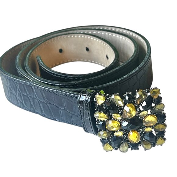 Talbots Black Embossed Leather Belt Faceted Gemstone Style Buckle 30” - 34” GUC - Picture 2 of 11